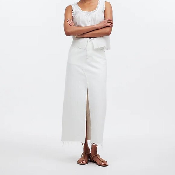 Madewell Dresses & Skirts - Madewell The Rilee Cotton Denim Midi Skirt Raw Hem White Size 32 NWT